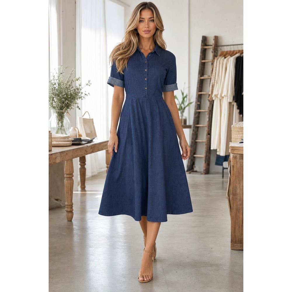 Bimba Denim Shirt Dress Women's S Blue Button Front Midi Pockets Stretch Western